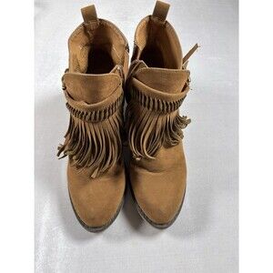 Women’s Fringe Ankle Boots Size 9 Brown Faux Suede Western Boho Zip Booties